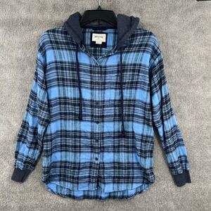 American Eagle Blue Plaid Hooded Flannel Shirt Button Size XS Grunge Skater